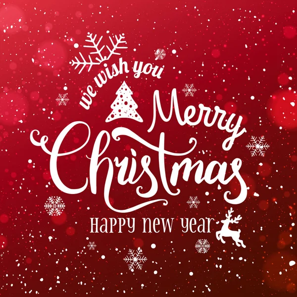 Jul och nyår typografiska på snöiga Xmas bakgrund med snöflingor, ljus, stjärnor. Merry Christmas card. Vektor — Stock vektor