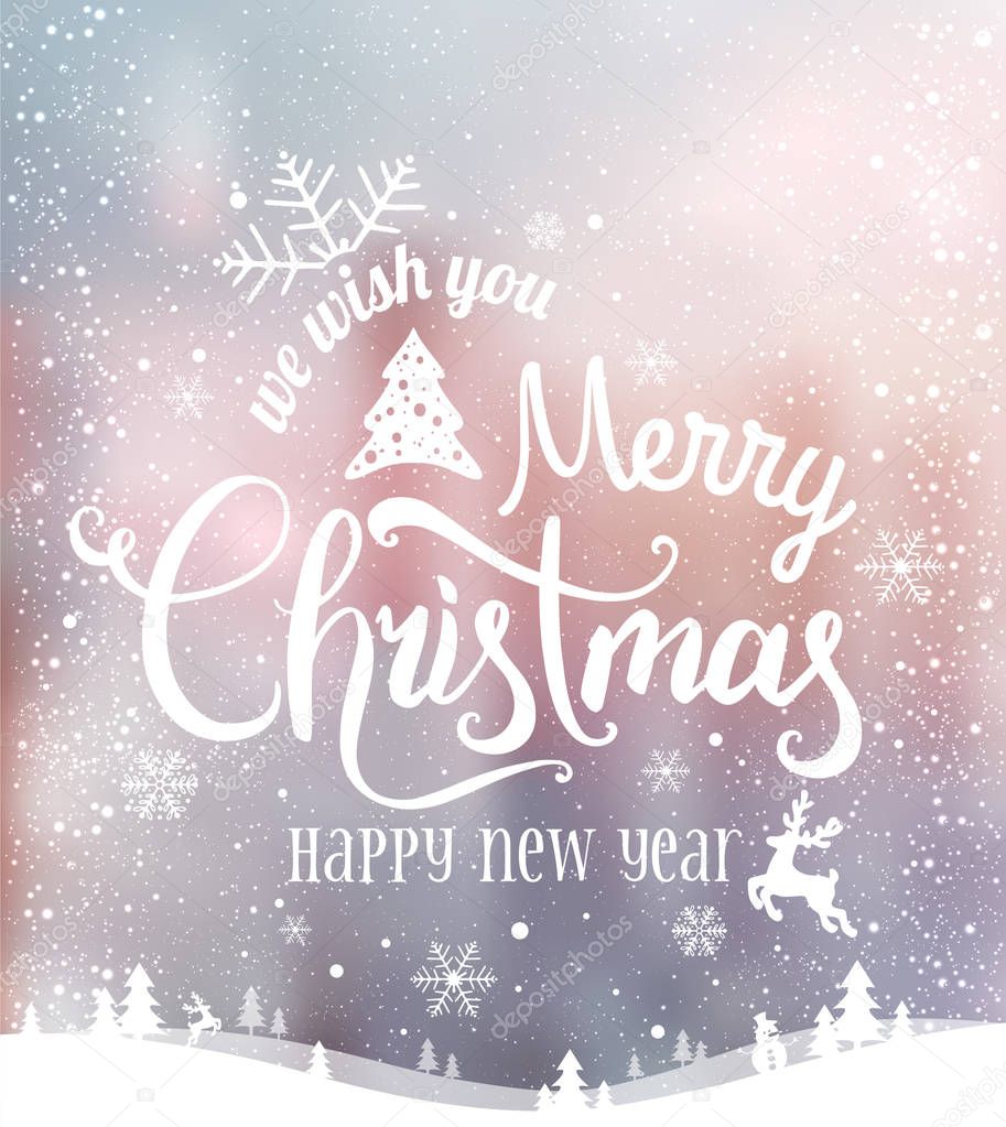 Christmas and New Year typographical on background with winter landscape with snowflakes, light, stars. Xmas card.