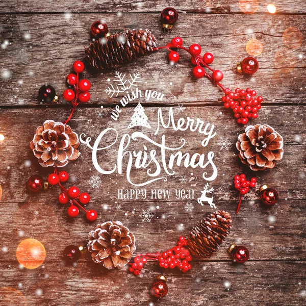 Christmas Wreath Fir Branches Cones Red Decorations Dark Wooden Background — Stock Photo, Image