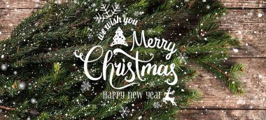 Noel ve yeni yıl baskı çam dalları ve kar taneleri ile tatil arka plan üzerinde. Noel ve mutlu yeni yıl tema, kar. Düz yatıyordu, en iyi görünümü