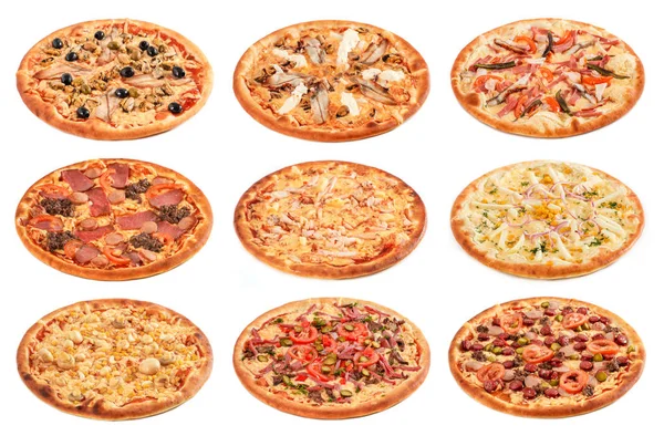 Große Menge Der Besten Italienischen Pizzen Isoliert Auf Weißem Hintergrund — Stockfoto