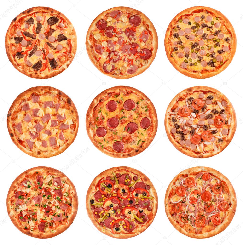 Big set of the best Italian pizzas isolated on white background