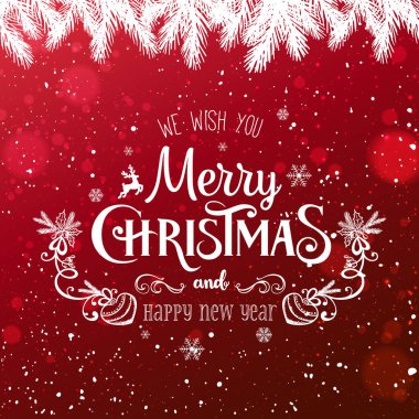 Noel ve yeni yıl baskı kış çam dalları, kar taneleri, kırmızı Xmas zemin üzerine ışık, yıldız. Neşeli Noel kartı. Vektör çizim