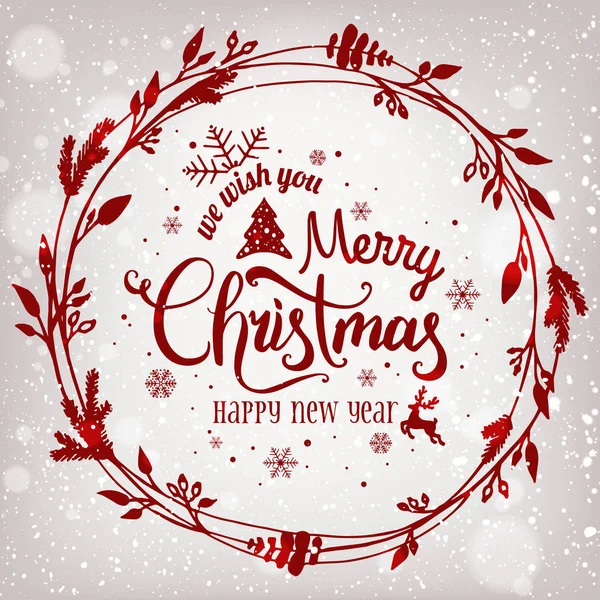 圣诞快乐 新年排版在白色节日背景与圣诞花环 圣诞卡 矢量插图 — 图库矢量图片