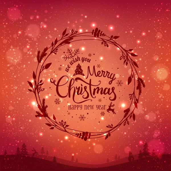 Feliz Navidad y Año Nuevo tipográfico sobre fondo rojo de vacaciones con corona de Navidad, paisaje, copos de nieve, luz, estrellas. Tarjeta de Navidad. Ilustración vectorial — Vector de stock