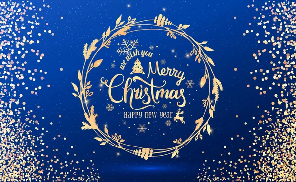 Oro Navidad y Año Nuevo tipográfico sobre fondo azul de vacaciones con corona de Navidad, fuegos artificiales de oro, luz, estrellas. Tarjeta de Navidad. Ilustración vectorial — Vector de stock