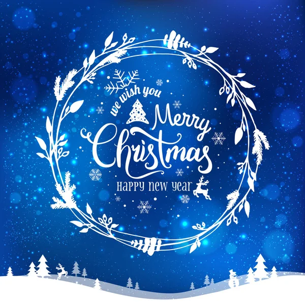 Frohe Weihnachten und Neujahr typografisch auf blauem Feiertagshintergrund mit Adventskranz, Landschaft, Schneeflocken, Licht, Sternen. Weihnachtskarte. Vektorillustration — Stockvektor