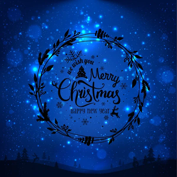 Joyeux Noël et Nouvel An typographique sur fond de vacances bleues avec couronne de Noël, paysage, flocons de neige, lumière, étoiles. Carte de Noël. Illustration vectorielle — Image vectorielle