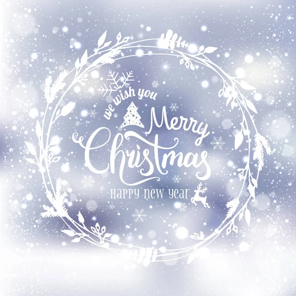 Buon Natale e Capodanno tipografico su sfondo vacanza brillante con ghirlanda di Natale, fiocchi di neve, luce, stelle. Biglietto di Natale. Illustrazione vettoriale — Vettoriale Stock