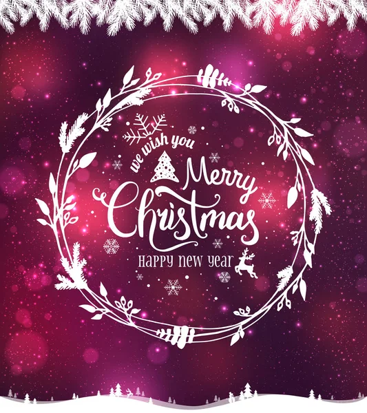 Kellemes karácsonyi ünnepeket és új évet tipográfiai holiday lila háttér, Karácsonyi koszorú, a táj, a hópelyhek, fény, csillag. Karácsonyi kártya. Vektoros illusztráció — Stock Vector