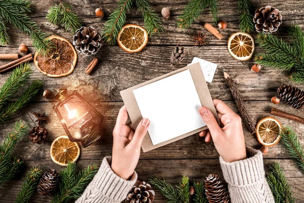 Female Hand Holding Letter Santa Holiday Wooden Background Christmas Decoration — Stock Photo, Image