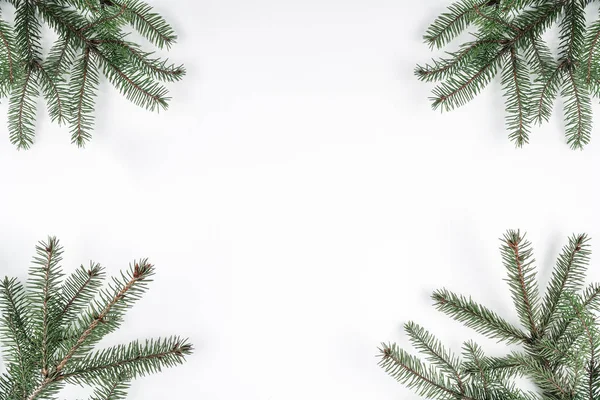 Moldura Criativa Feita Ramos Abeto Natal Fundo Branco Tema Natal — Fotografia de Stock