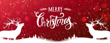 Kar taneleri, ışık, yıldız, kış yatay kırmızı zemin üzerine Noel geyik ile neşeli Noel yazım. Noel kartı. Vektör 