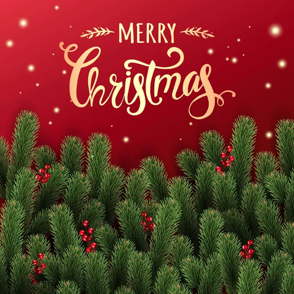 ゴールド クリスマス誤植のモミの枝 ライト 赤い光沢のある背景の星します クリスマスと新年のテーマです ベクトル図 — ストックベクタ