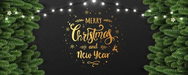 金色的圣诞节和新年排版在黑暗的背景与冷杉树枝 圣诞装饰发光的白色花环 圣诞节的主题 矢量插图 — 图库矢量图片