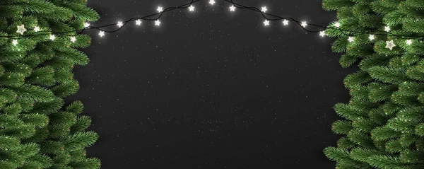 モミの枝 ライト 光る白い花輪クリスマス装飾とクリスマスと新年の背景 クリスマスのテーマ ベクトル図 — ストックベクタ