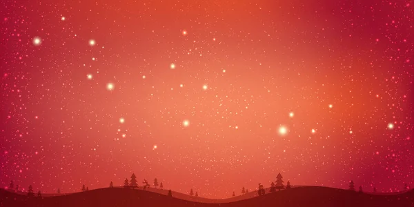 Röd Vinter Jul Bakgrund Med Landskap Snöflingor Ljus Stjärnor Xmas — Stock vektor