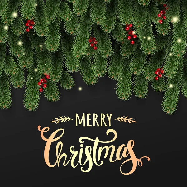 金色的圣诞排版在黑暗的背景与冷杉分枝 圣诞节和新年主题 矢量插图 — 图库矢量图片
