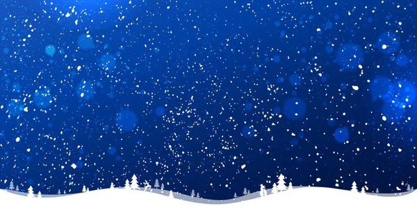 Blauwe Winter Kerstmis Achtergrond Met Sneeuwvlokken Licht Landschap Sterren Xmas — Stockvector