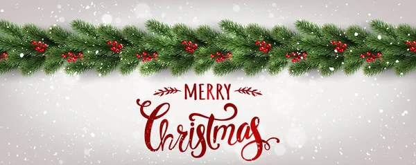Neşeli Noel Tipografik Ağaç Dalları Beyaz Zemin Üzerine Dekore Çilek — Stok Vektör