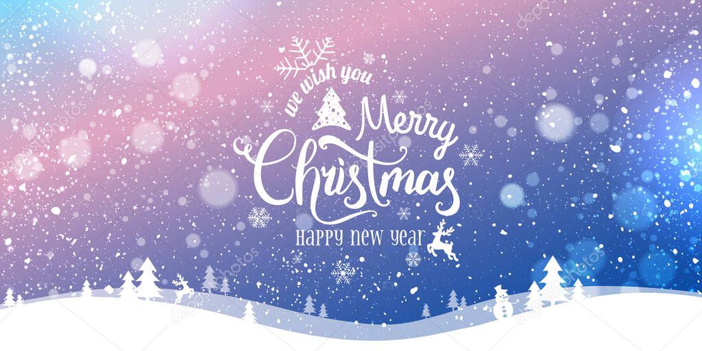 Christmas and New Year Typographical on snowy Xmas background with winter landscape with snowflakes, light, stars. Merry Christmas card. Vector Illustration