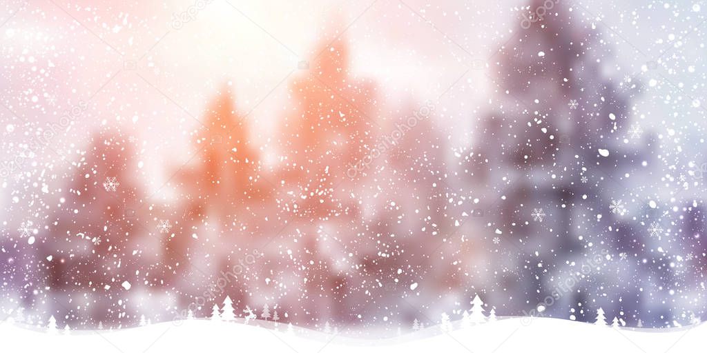 Winter Christmas background with landscape, forest, snowflakes, light, stars. Xmas and New Year card. Vector Illustration
