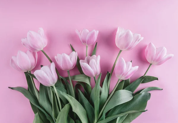 Csokor Rózsaszín Tulipán Virágok Keresztül Világos Rózsaszín Háttér Üdvözlőkártya Vagy — Stock Fotó