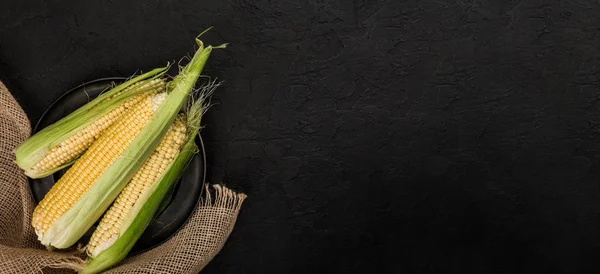 Fresh Corn Cobs Dark Stone Table Food Concept Copy Space — Stock Photo, Image