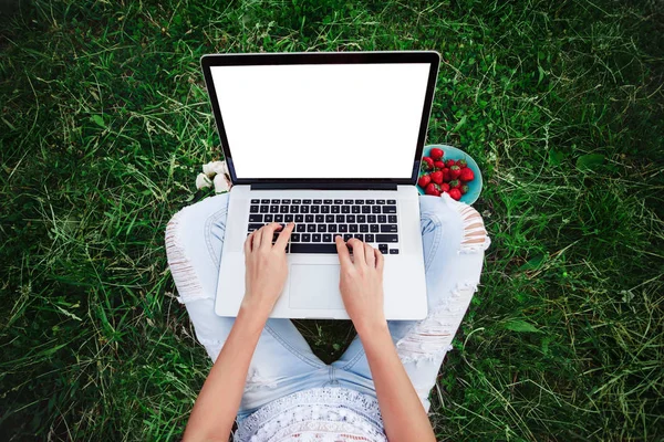Jovem Mulher Usando Digitando Computador Portátil Grama Verão Freelancer Trabalhando — Fotografia de Stock