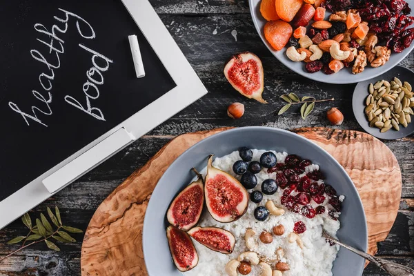 Rice Coconut Porridge Figs Nuts Plate Chalkboard Inscription Healthy Food — Stock Photo, Image