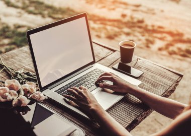 Kahve fincanı, çilek, şakayık çiçeği ve akıllı telefonlu kaba ahşap masada dizüstü bilgisayar kullanan ve daktilo kullanan genç bir kadın. Açık hava parkında çalışan serbest çalışan biri. Tonlama