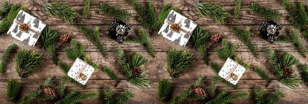 Christmas Gift Boxes Background Branches Spruce Juniper Fir Larch Pine — Stock Photo, Image