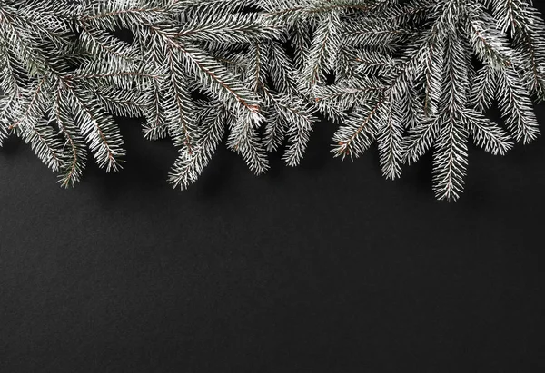 Tannenzweige Auf Dunklem Hintergrund Weihnachten Und Neujahr Thema Schnee Flache — Stockfoto