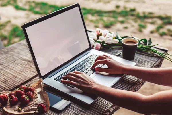 Workspace Girl Hands Laptop Computer Bouquet Peonies Flowers Coffee Strawberries — Stock Photo, Image