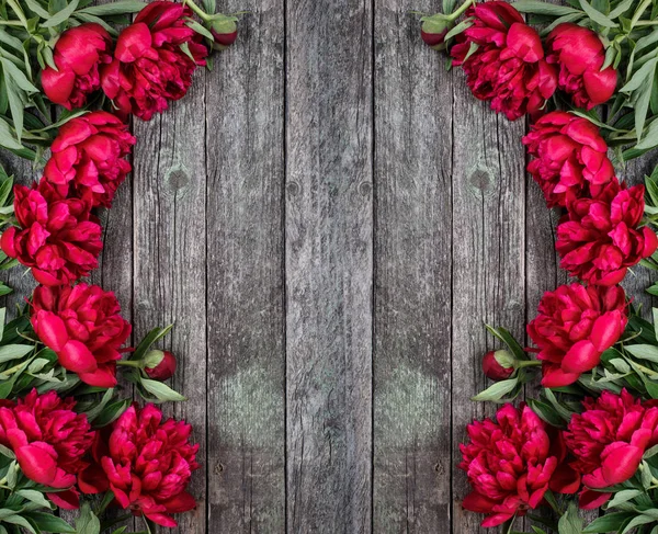 Roze Pioenrozen Bloemen Donkere Houten Achtergrond Met Ruimte Voor Tekst — Stockfoto