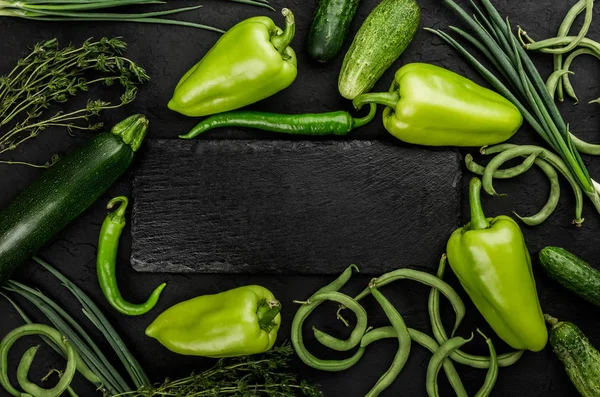 Healthy Raw Summer Vegan Vegetables Onions Beans Thyme Zucchini Green — Stock Photo, Image