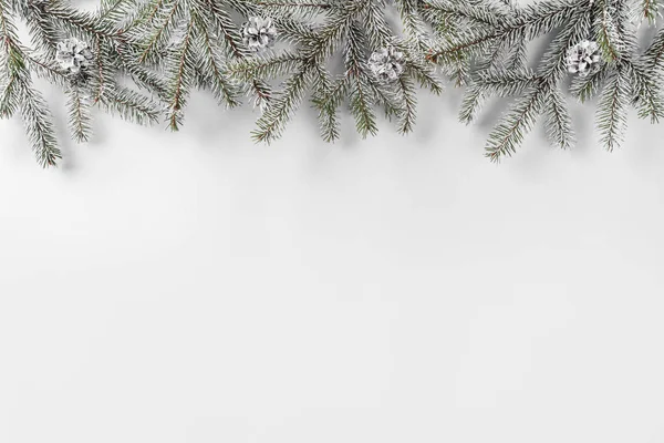 Ramas Abeto Navideño Sobre Fondo Blanco Con Copos Nieve Tema — Foto de Stock