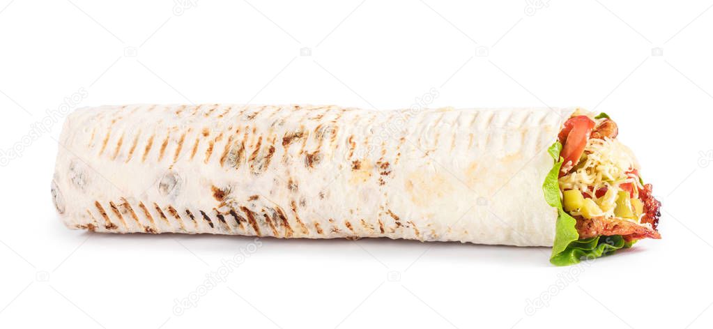 Burrito wraps from fillet grilled chicken, lettuce, slices of fresh tomatoes, pickles and cheese on white background