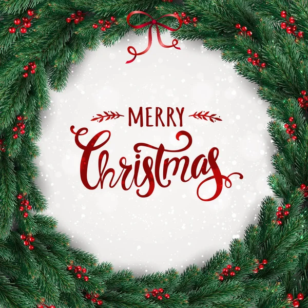 Veselé Vánoce Typografické Bílém Pozadí Vánoční Věnec Větve Stromů Bobule — Stockový vektor