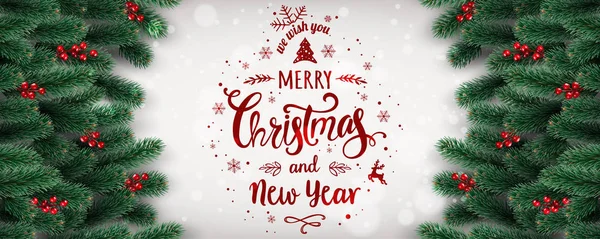 圣诞快乐 新年年版 白色背景上有冷杉树枝 圣诞节主题 矢量插图 — 图库矢量图片