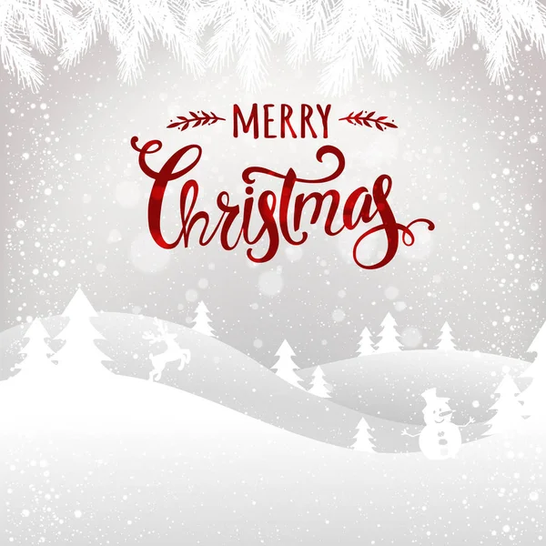 圣诞快乐排版在白色背景与冬天风景 圣诞卡 矢量插图 — 图库矢量图片