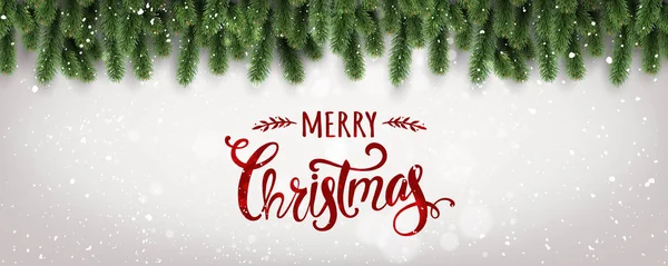 Веселий Різдвяний Типограф Білому Тлі Гілками Дерев Прикрашеними Зірками Вогнями — стоковий вектор