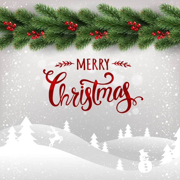 圣诞快乐排版白色背景与圣诞树树枝 冬季景观 星星花环 圣诞卡 矢量插图 — 图库矢量图片