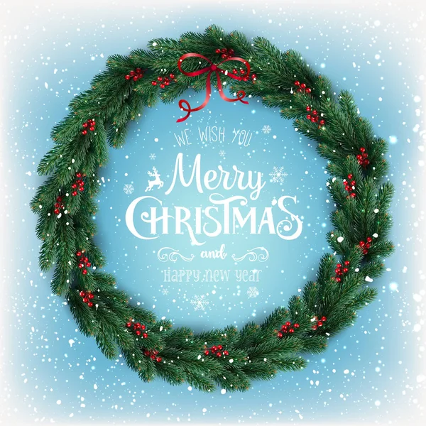 圣诞快乐的排版在雪的背景与树枝 雪花的圣诞花圈 圣诞节主题 矢量插图 — 图库矢量图片