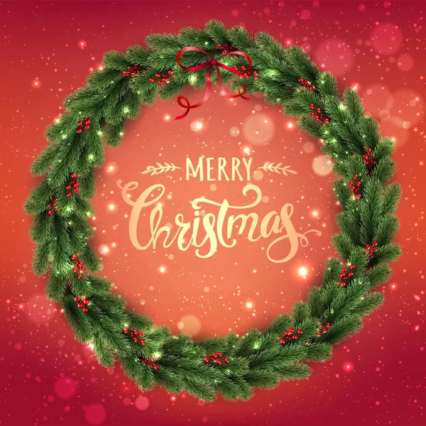 金色的圣诞快乐圣诞排版在红色的背景与树枝 Bokeh 的圣诞花圈 圣诞节主题 矢量插图 — 图库矢量图片