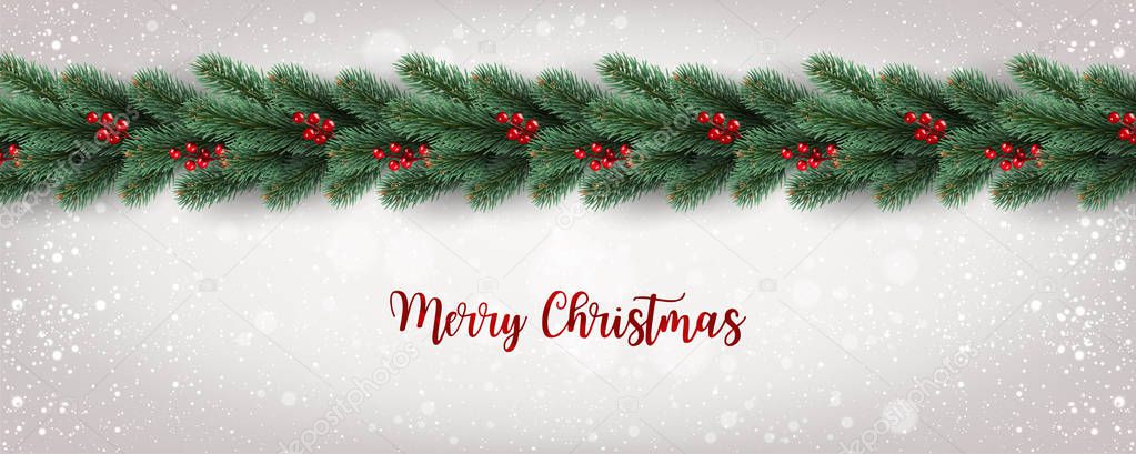 Merry Christmas Typographical on white background with tree branches decorated with berries, lights, snowflakes. Xmas theme. Vector Illustration