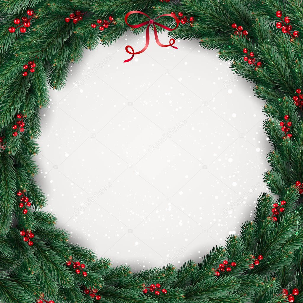 Christmas wreath of tree branches, berries on white background with lights, snowflakes. Xmas and New Year theme. Vector Illustration