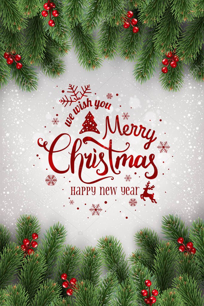 Merry Christmas Typographical on white background with tree branches decorated with berries, lights, snowflakes. Xmas theme. Vector Illustration