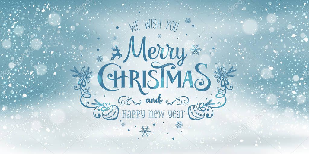 Christmas and New Year Typographical on snowy Xmas background with winter landscape with snowflakes, light, stars. Merry Christmas card. Vector Illustration