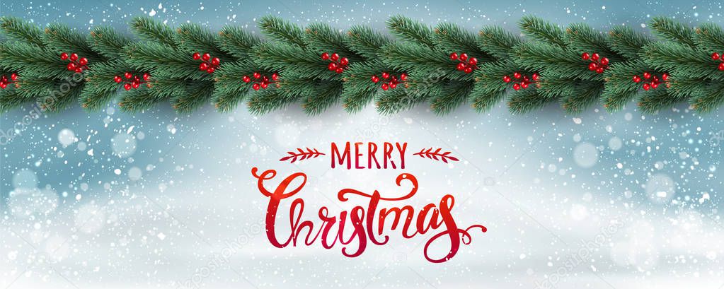 Merry Christmas Typographical on white background with garland of tree branches decorated with stars, lights, snowflakes. Xmas theme. Vector Illustration